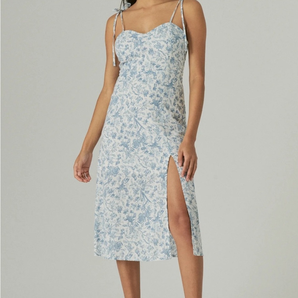 Size Small Blue White Floral Corset Midi Dress Lucky Brand Preppy Coquette Slit